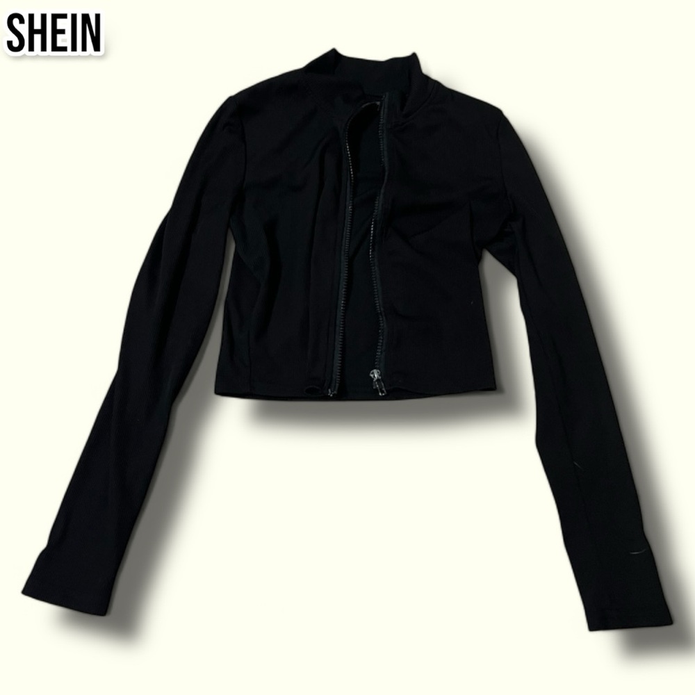 SHEIN Spring And Summer Full Zip Crop Top Black Long-Sleeved Casual Tight T-Shi
